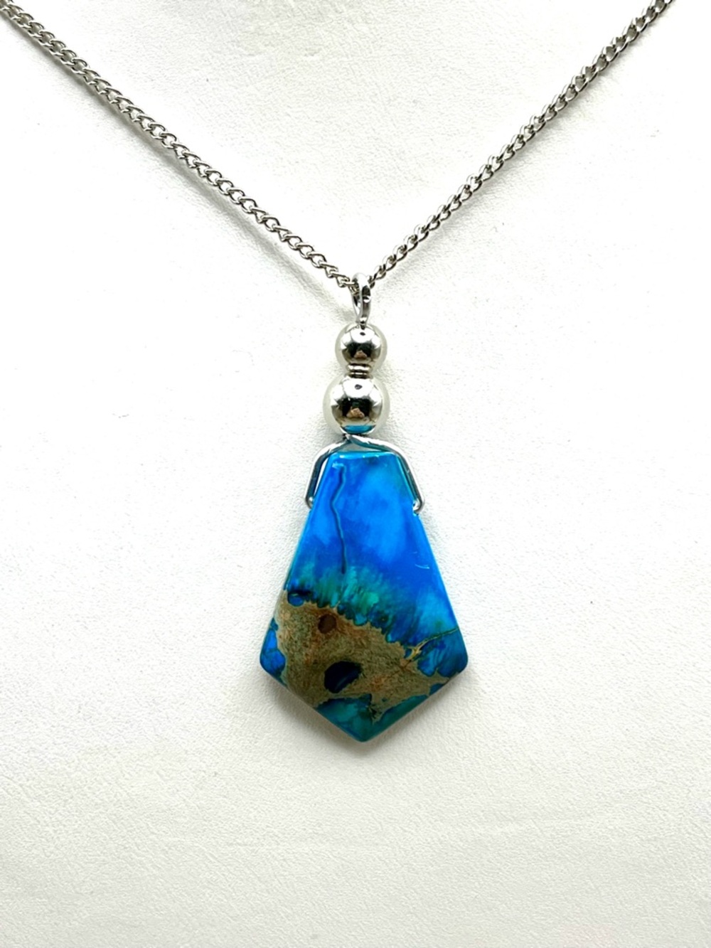 Sea Sediment Jasper Pendant Necklace Silver Tone Curb Chain Boho Gemstone